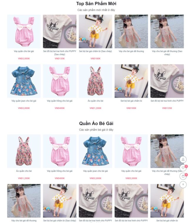 Chi tiết các sản phẩm của mẫu web kinh doanh thời trang trẻ em