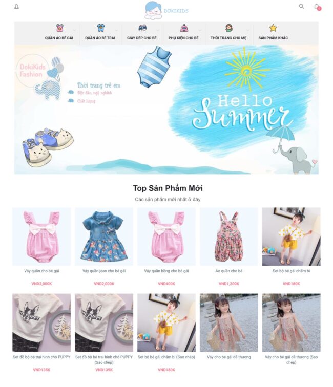 Trang Home của mẫu website bán hàng thời trang dành cho trẻ em
