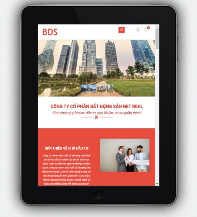 Mẫu website bất động sản bdc1 hiện thị trên màn hình điện thoại.