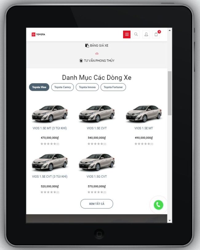 Mẫu Website Bán Ô Tô Toyota – BH5 hiển thị trên màn hình tablet