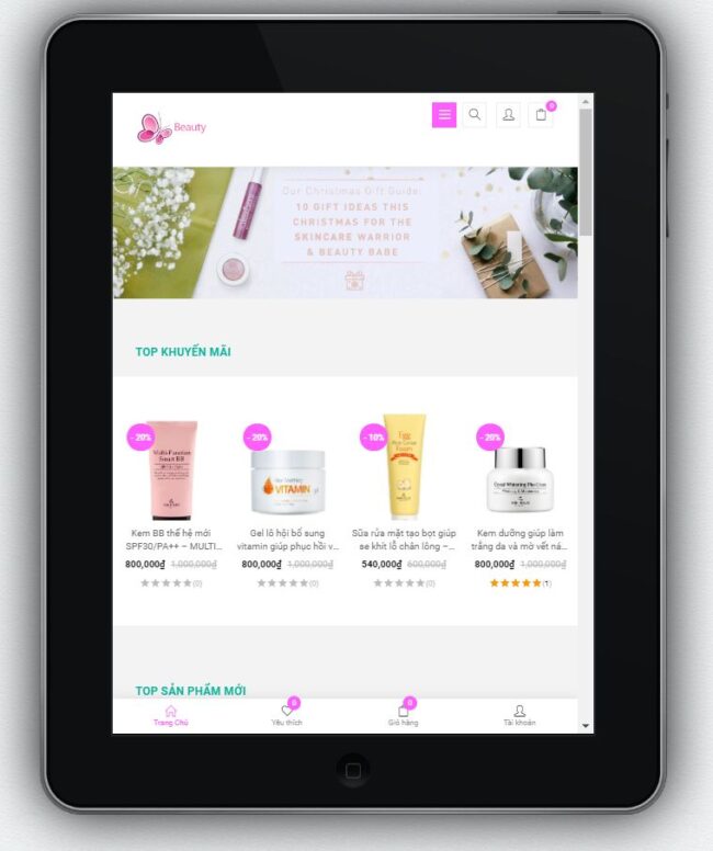 Mẫu Website Shop Bán Mỹ Phẩm – BH6 hiển thị trên màn hình tablet