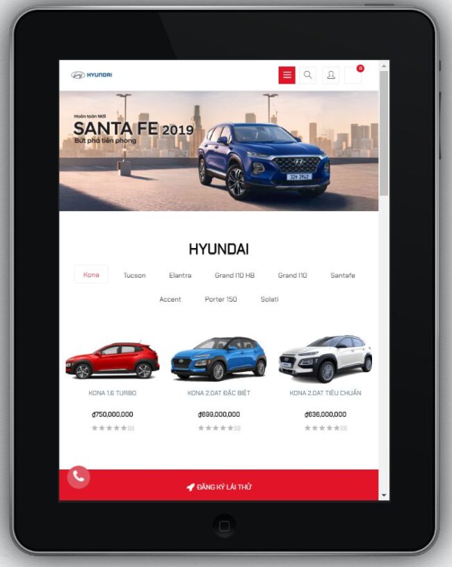 Mẫu Website Bán Ô Tô Hyundai – BH8 hiển thị trên màn hinh tablet