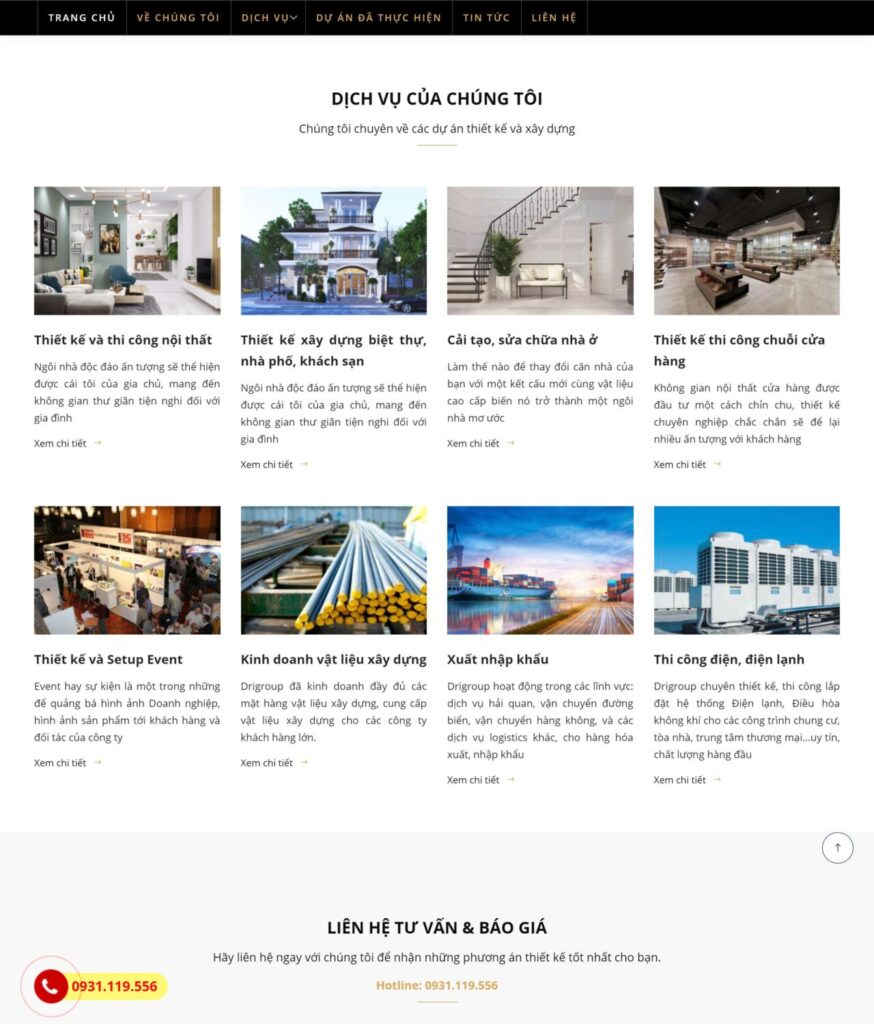 chi tiết website công ty thiết kế & xây dựng D&RI