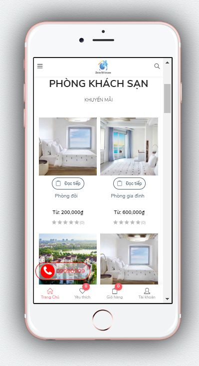 Mẫu website khách sạn ks1 hiện thị trên màn hình điện thoại.