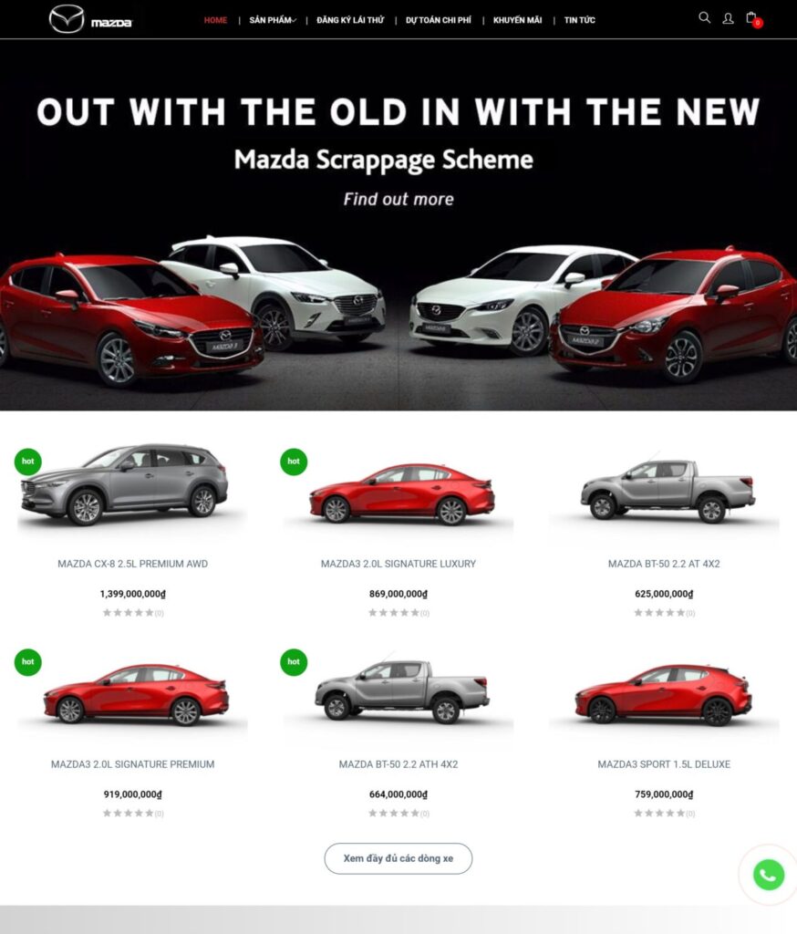 Trang home mẫu web ván xe Mazda BH13